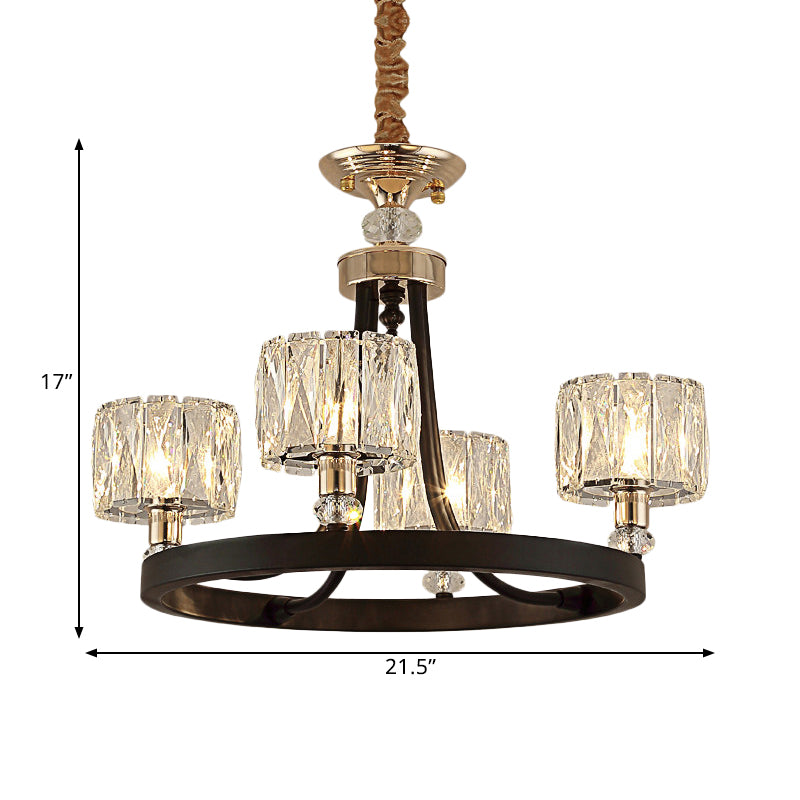 4 Heads Ring Hanging Lamp Kit Modern Black Metal Pendant Chandelier with Clear Crystal Drum Shade Clearhalo 'Ceiling Lights' 'Chandeliers' 'Modern Chandeliers' 'Modern' Lighting' 1432734