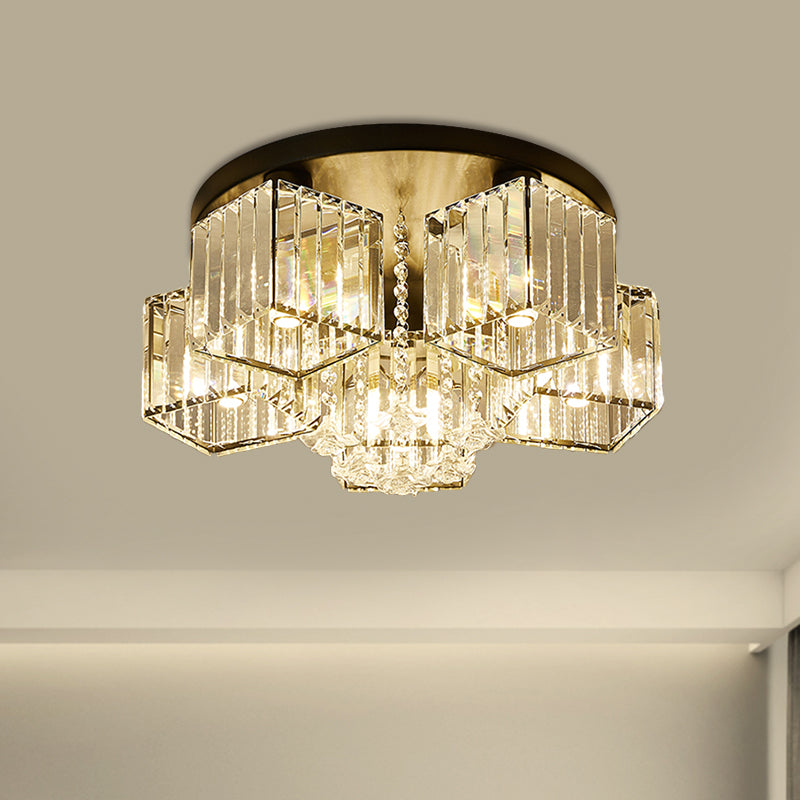 Black Canopy 5/6 Bulbs Flush Mount Contemporary Clear Crystal Cubic Shade Ceiling Light Fixture with Flower Draping Clearhalo 'Ceiling Lights' 'Close To Ceiling Lights' 'Close to ceiling' 'Flush mount' Lighting' 1432774