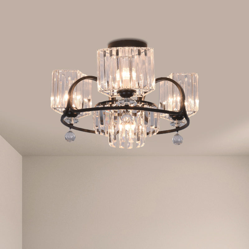 Crystal Trapezoid Lighting Fixture Contemporary 4/8 Bulbs Dinning Room Semi Flush with Black Frame 4 Black Clearhalo 'Ceiling Lights' 'Close To Ceiling Lights' 'Close to ceiling' 'Semi-flushmount' Lighting' 1432789