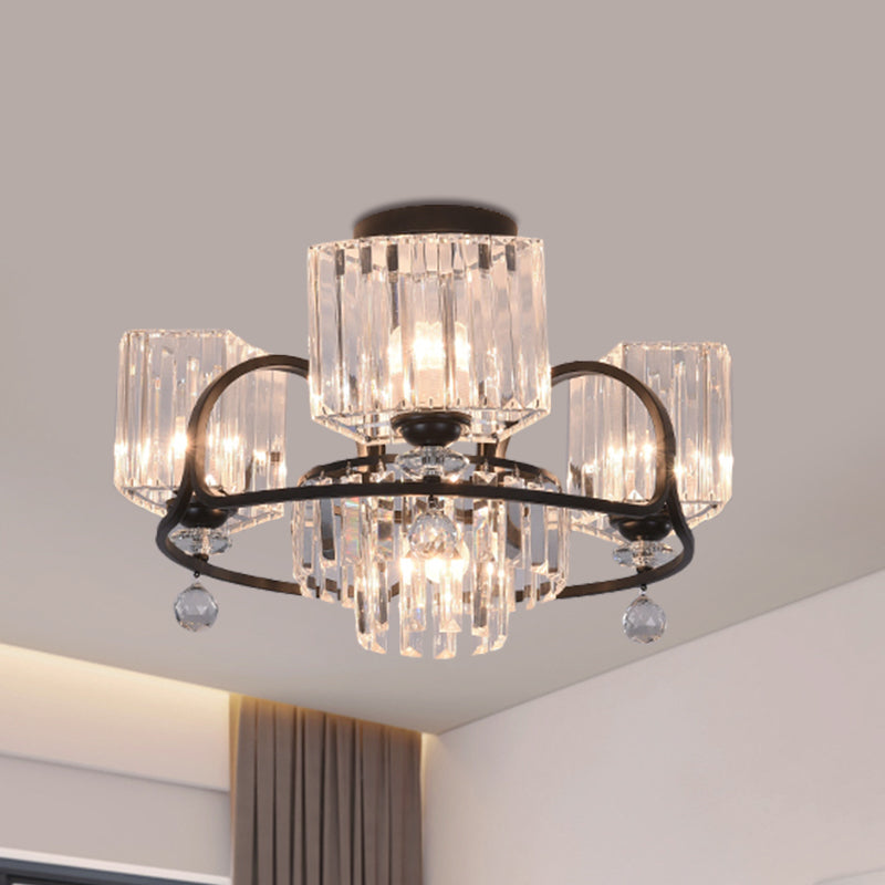 Crystal Trapezoid Lighting Fixture Contemporary 4/8 Bulbs Dinning Room Semi Flush with Black Frame Clearhalo 'Ceiling Lights' 'Close To Ceiling Lights' 'Close to ceiling' 'Semi-flushmount' Lighting' 1432790