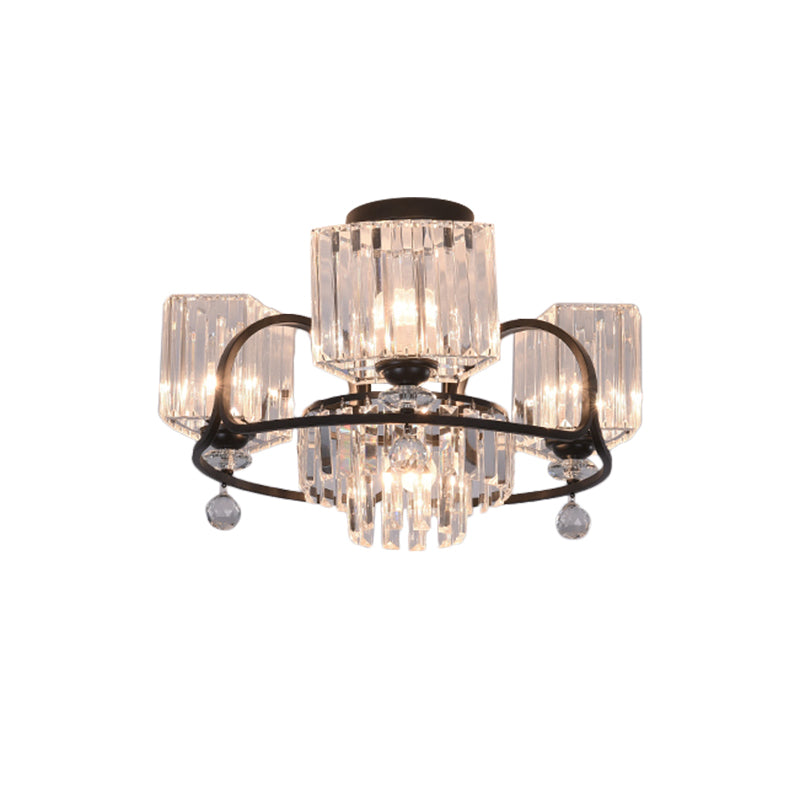 Crystal Trapezoid Lighting Fixture Contemporary 4/8 Bulbs Dinning Room Semi Flush with Black Frame Clearhalo 'Ceiling Lights' 'Close To Ceiling Lights' 'Close to ceiling' 'Semi-flushmount' Lighting' 1432791