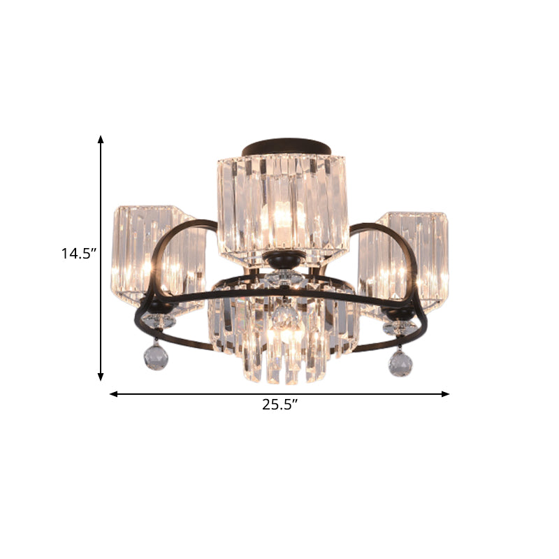 Crystal Trapezoid Lighting Fixture Contemporary 4/8 Bulbs Dinning Room Semi Flush with Black Frame Clearhalo 'Ceiling Lights' 'Close To Ceiling Lights' 'Close to ceiling' 'Semi-flushmount' Lighting' 1432792