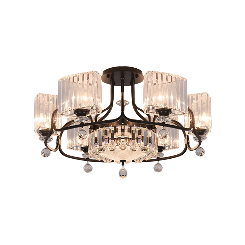 Crystal Trapezoid Lighting Fixture Contemporary 4/8 Bulbs Dinning Room Semi Flush with Black Frame Clearhalo 'Ceiling Lights' 'Close To Ceiling Lights' 'Close to ceiling' 'Semi-flushmount' Lighting' 1432795