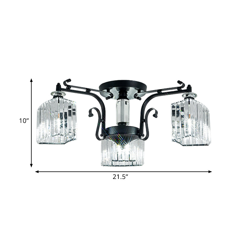 3 Bulbs Scrolling Arm Semi Flush Mount Modern Black Metal Ceiling Lamp with Clear Cubic Shade Clearhalo 'Ceiling Lights' 'Close To Ceiling Lights' 'Close to ceiling' 'Semi-flushmount' Lighting' 1432831