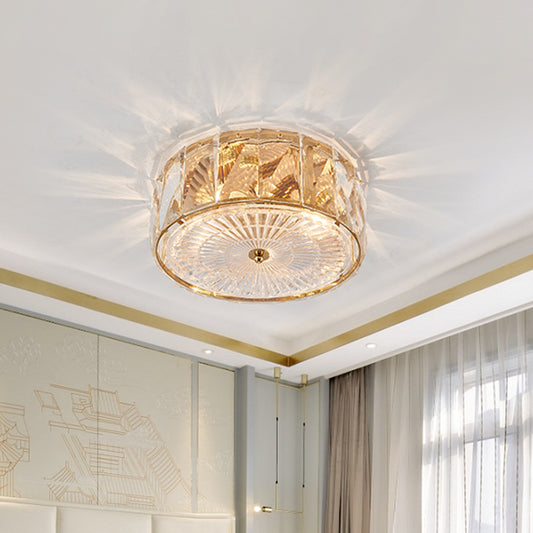 Gold LED Flush Mount Lamp Modern Faceted Crystal Panels Drum Close to Ceiling Light for Bedroom Gold Clearhalo 'Ceiling Lights' 'Close To Ceiling Lights' 'Close to ceiling' 'Flush mount' Lighting' 1432868