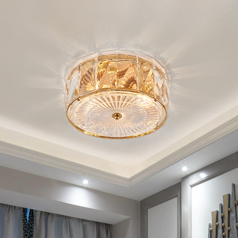 Gold LED Flush Mount Lamp Modern Faceted Crystal Panels Drum Close to Ceiling Light for Bedroom Clearhalo 'Ceiling Lights' 'Close To Ceiling Lights' 'Close to ceiling' 'Flush mount' Lighting' 1432869