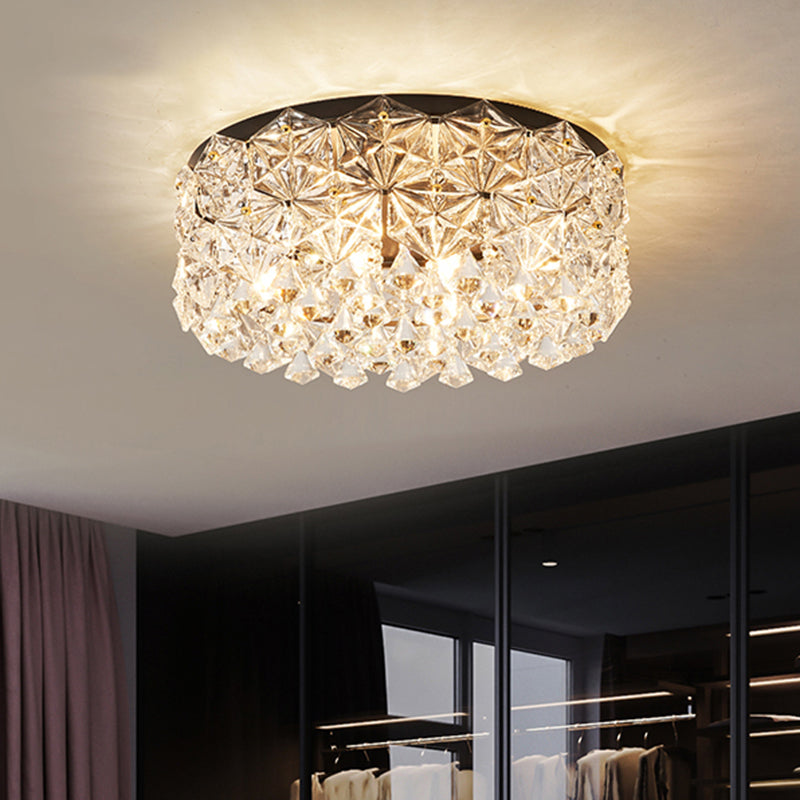 4/6 Bulbs Drum Ceiling Light Fixture Modern Black Canopy Faceted Hexagon Crystals Flush Mount Lamp, 18"/21.5" W Clearhalo 'Ceiling Lights' 'Close To Ceiling Lights' 'Close to ceiling' 'Flush mount' Lighting' 1432919