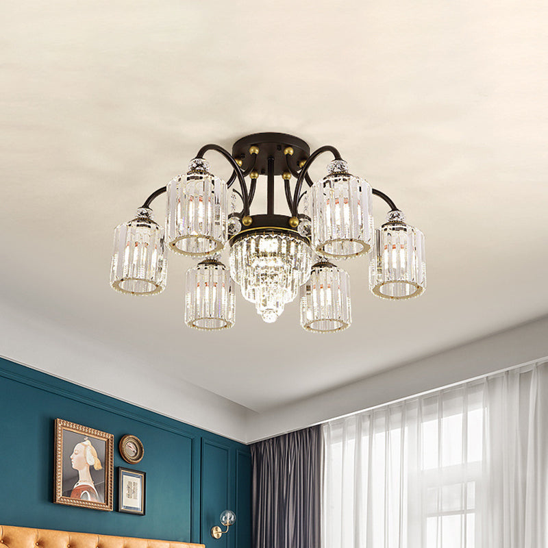 Contemporary Cylindrical Semi Flush 6/11 Heads Clear Crystal Ceiling Lighting Fixture with Black Scroll Arms 6 Black Clearhalo 'Ceiling Lights' 'Close To Ceiling Lights' 'Close to ceiling' 'Semi-flushmount' Lighting' 1433373