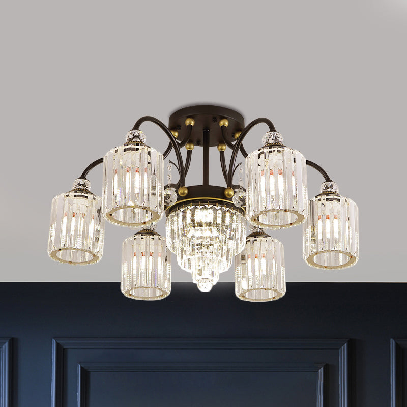 Contemporary Cylindrical Semi Flush 6/11 Heads Clear Crystal Ceiling Lighting Fixture with Black Scroll Arms Clearhalo 'Ceiling Lights' 'Close To Ceiling Lights' 'Close to ceiling' 'Semi-flushmount' Lighting' 1433374