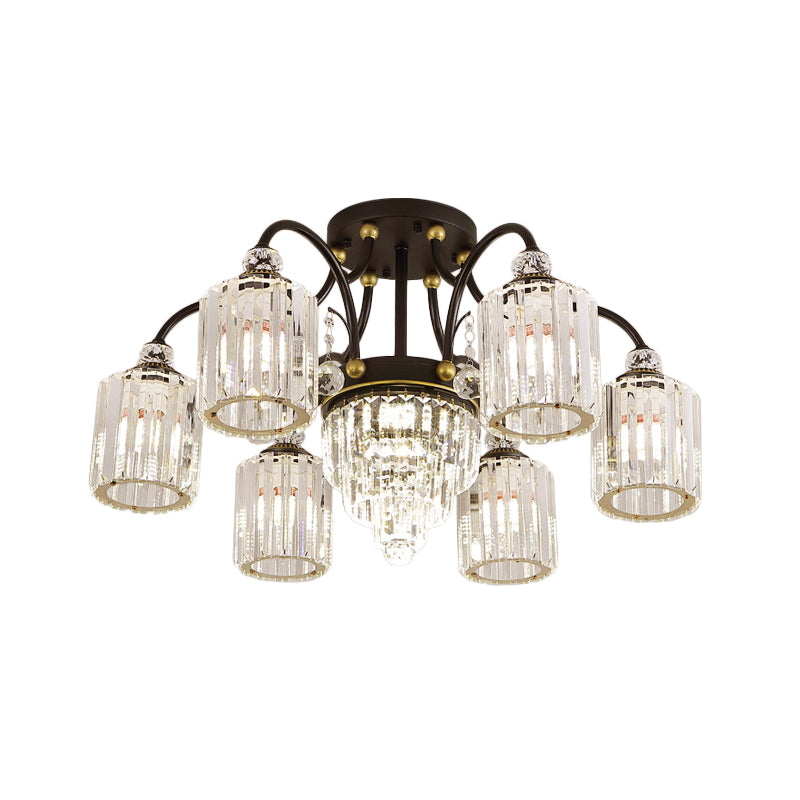 Contemporary Cylindrical Semi Flush 6/11 Heads Clear Crystal Ceiling Lighting Fixture with Black Scroll Arms Clearhalo 'Ceiling Lights' 'Close To Ceiling Lights' 'Close to ceiling' 'Semi-flushmount' Lighting' 1433375