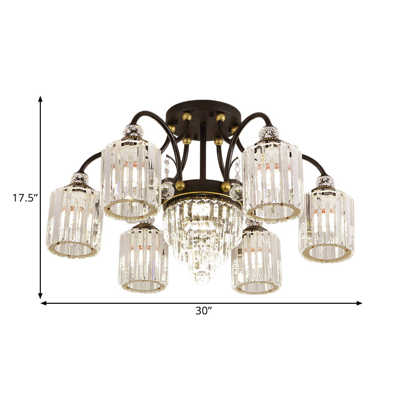 Contemporary Cylindrical Semi Flush 6/11 Heads Clear Crystal Ceiling Lighting Fixture with Black Scroll Arms Clearhalo 'Ceiling Lights' 'Close To Ceiling Lights' 'Close to ceiling' 'Semi-flushmount' Lighting' 1433376