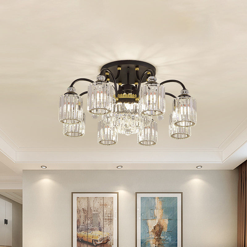 Contemporary Cylindrical Semi Flush 6/11 Heads Clear Crystal Ceiling Lighting Fixture with Black Scroll Arms Clearhalo 'Ceiling Lights' 'Close To Ceiling Lights' 'Close to ceiling' 'Semi-flushmount' Lighting' 1433378