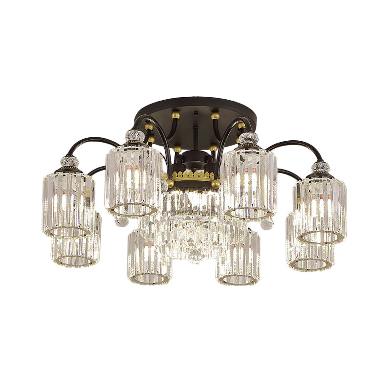 Contemporary Cylindrical Semi Flush 6/11 Heads Clear Crystal Ceiling Lighting Fixture with Black Scroll Arms Clearhalo 'Ceiling Lights' 'Close To Ceiling Lights' 'Close to ceiling' 'Semi-flushmount' Lighting' 1433379