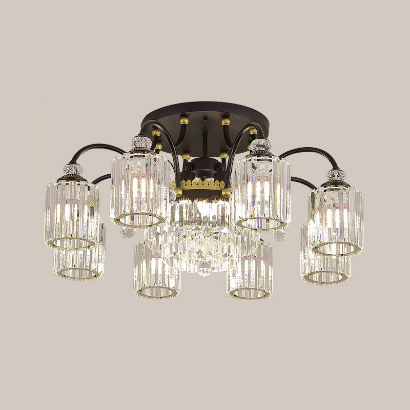 Contemporary Cylindrical Semi Flush 6/11 Heads Clear Crystal Ceiling Lighting Fixture with Black Scroll Arms Clearhalo 'Ceiling Lights' 'Close To Ceiling Lights' 'Close to ceiling' 'Semi-flushmount' Lighting' 1433380