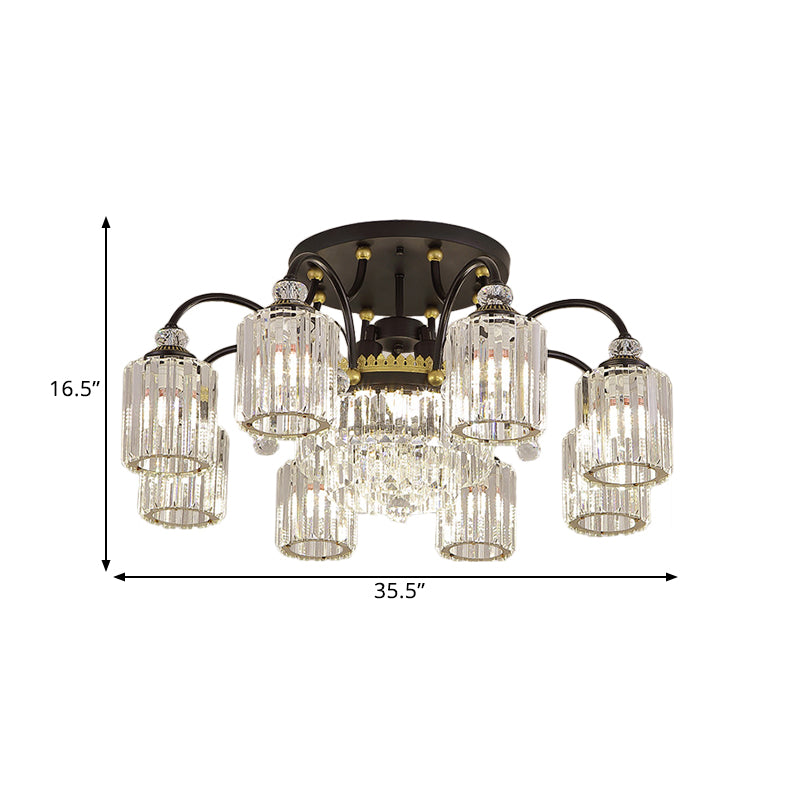 Contemporary Cylindrical Semi Flush 6/11 Heads Clear Crystal Ceiling Lighting Fixture with Black Scroll Arms Clearhalo 'Ceiling Lights' 'Close To Ceiling Lights' 'Close to ceiling' 'Semi-flushmount' Lighting' 1433381