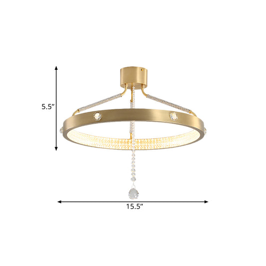 19.5"/15.5" Wide LED Semi Flush Mount Contemporary Ring Metal Ceiling Lighting in Gold with Crystal Strand Clearhalo 'Ceiling Lights' 'Close To Ceiling Lights' 'Close to ceiling' 'Semi-flushmount' Lighting' 1433406