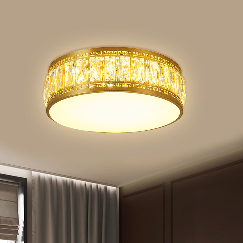 Gold Finish Drum Flush Mount Lamp Modern Clear Rectangular-Cut Crystals LED Bedchamber Light Fixture, 19.5"/23.5" Width Clearhalo 'Ceiling Lights' 'Close To Ceiling Lights' 'Close to ceiling' 'Flush mount' Lighting' 1433415