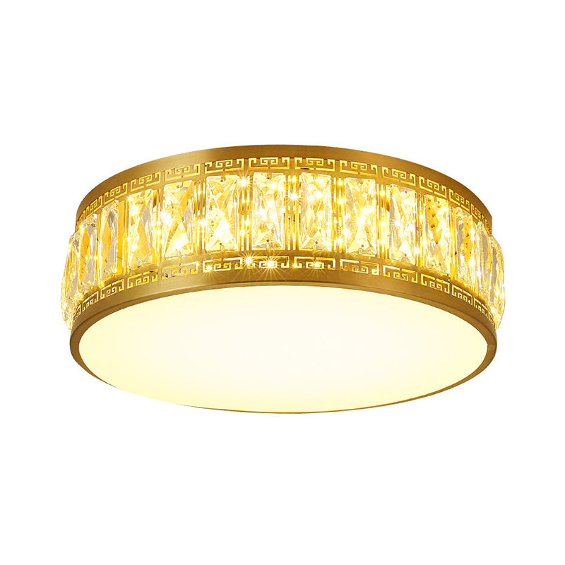 Gold Finish Drum Flush Mount Lamp Modern Clear Rectangular-Cut Crystals LED Bedchamber Light Fixture, 19.5"/23.5" Width Clearhalo 'Ceiling Lights' 'Close To Ceiling Lights' 'Close to ceiling' 'Flush mount' Lighting' 1433416