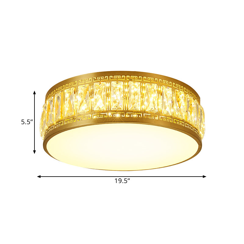 Gold Finish Drum Flush Mount Lamp Modern Clear Rectangular-Cut Crystals LED Bedchamber Light Fixture, 19.5"/23.5" Width Clearhalo 'Ceiling Lights' 'Close To Ceiling Lights' 'Close to ceiling' 'Flush mount' Lighting' 1433417