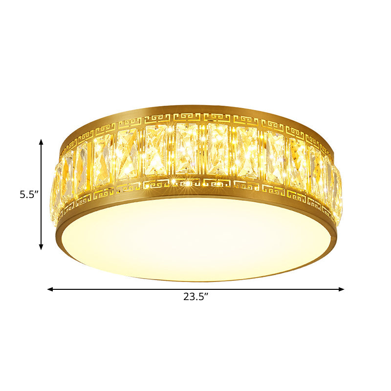 Gold Finish Drum Flush Mount Lamp Modern Clear Rectangular-Cut Crystals LED Bedchamber Light Fixture, 19.5"/23.5" Width Clearhalo 'Ceiling Lights' 'Close To Ceiling Lights' 'Close to ceiling' 'Flush mount' Lighting' 1433418