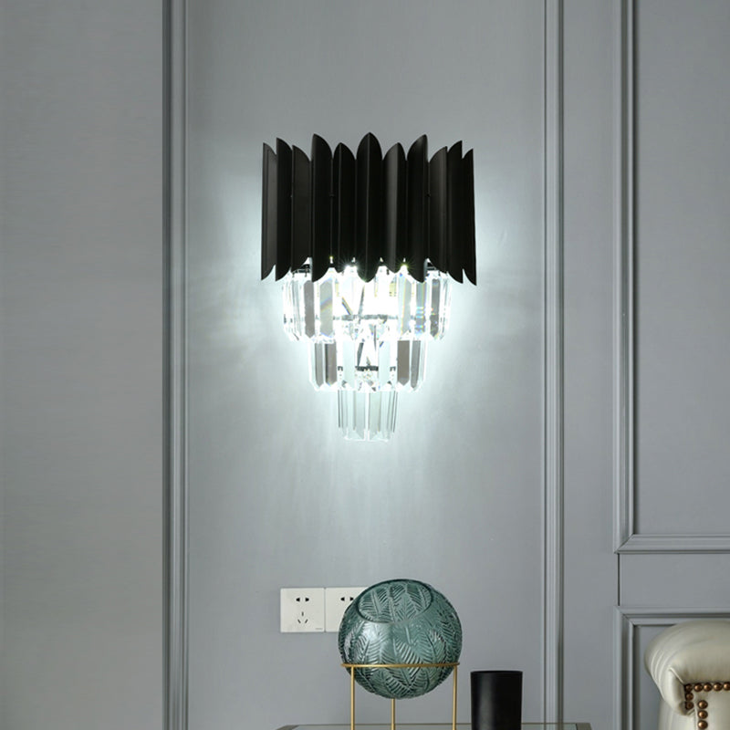 2 Bulbs Tapered Wall Mounted Light Modern Black Finish Clear Crystal Prisms Flush Wall Sconce Black Clearhalo 'Modern wall lights' 'Modern' 'Wall Lamps & Sconces' 'Wall Lights' Lighting' 1433481