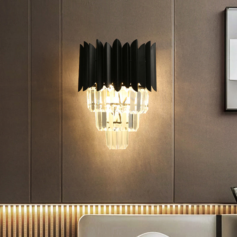 2 Bulbs Tapered Wall Mounted Light Modern Black Finish Clear Crystal Prisms Flush Wall Sconce Clearhalo 'Modern wall lights' 'Modern' 'Wall Lamps & Sconces' 'Wall Lights' Lighting' 1433482