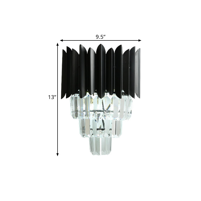2 Bulbs Tapered Wall Mounted Light Modern Black Finish Clear Crystal Prisms Flush Wall Sconce Clearhalo 'Modern wall lights' 'Modern' 'Wall Lamps & Sconces' 'Wall Lights' Lighting' 1433484