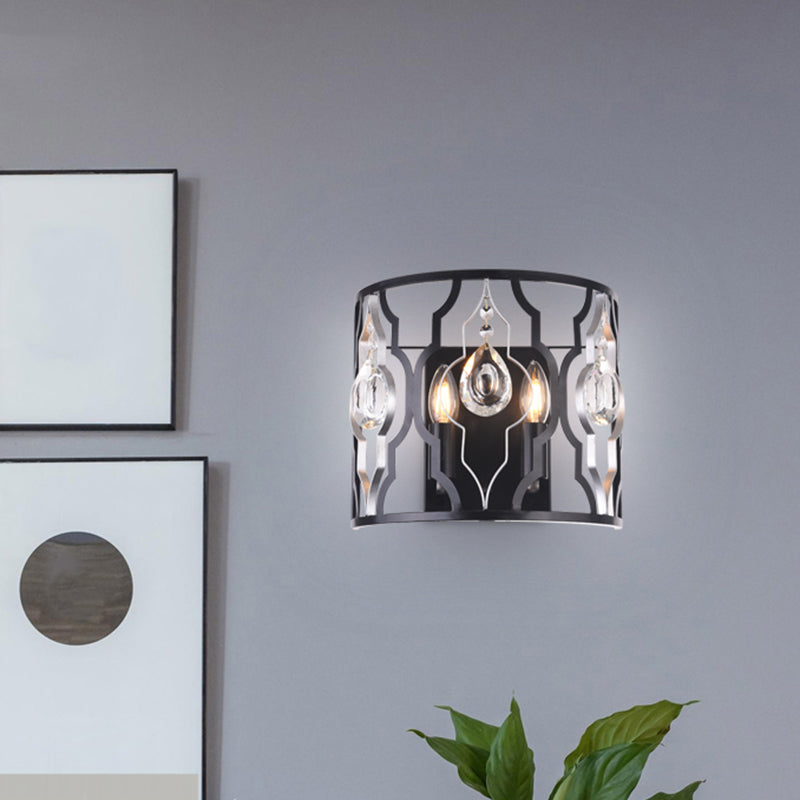 Metal Frame Black Wall Light Fixture Half-Cylinder 2 Heads Modern Surface Wall Sconce with Crystal Droplets Black Clearhalo 'Modern wall lights' 'Modern' 'Wall Lamps & Sconces' 'Wall Lights' Lighting' 1433499