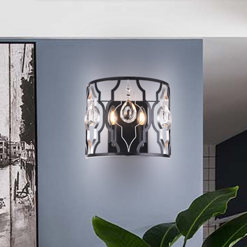 Metal Frame Black Wall Light Fixture Half-Cylinder 2 Heads Modern Surface Wall Sconce with Crystal Droplets Clearhalo 'Modern wall lights' 'Modern' 'Wall Lamps & Sconces' 'Wall Lights' Lighting' 1433500