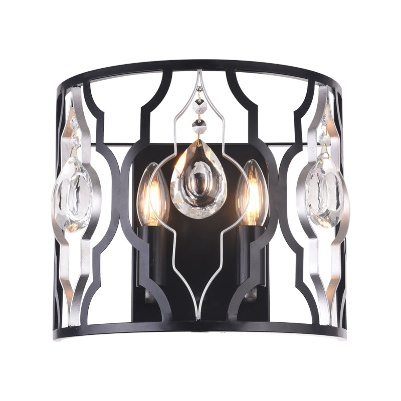 Metal Frame Black Wall Light Fixture Half-Cylinder 2 Heads Modern Surface Wall Sconce with Crystal Droplets Clearhalo 'Modern wall lights' 'Modern' 'Wall Lamps & Sconces' 'Wall Lights' Lighting' 1433501