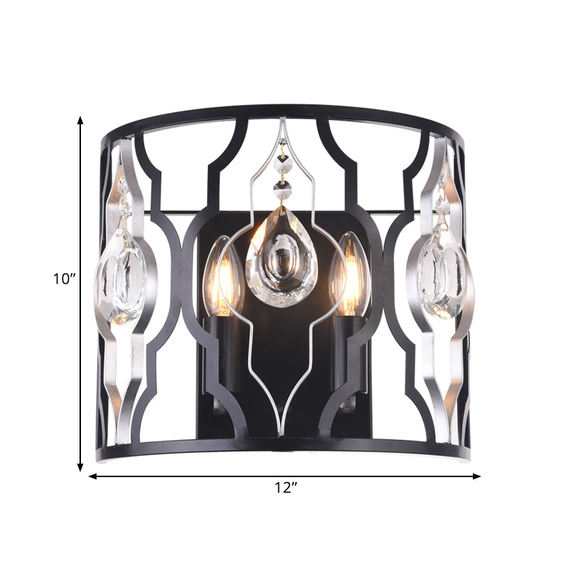 Metal Frame Black Wall Light Fixture Half-Cylinder 2 Heads Modern Surface Wall Sconce with Crystal Droplets Clearhalo 'Modern wall lights' 'Modern' 'Wall Lamps & Sconces' 'Wall Lights' Lighting' 1433502