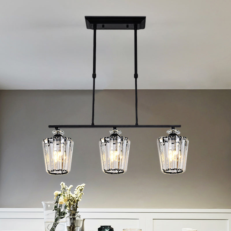 3/4 Heads Linear Island Chandelier Modern Black Metal Hanging Light Fixture with Cylindrical Crystal Shade 3 Black Clearhalo 'Ceiling Lights' 'Island Lights' Lighting' 1433509