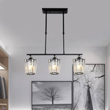 3/4 Heads Linear Island Chandelier Modern Black Metal Hanging Light Fixture with Cylindrical Crystal Shade Clearhalo 'Ceiling Lights' 'Island Lights' Lighting' 1433510