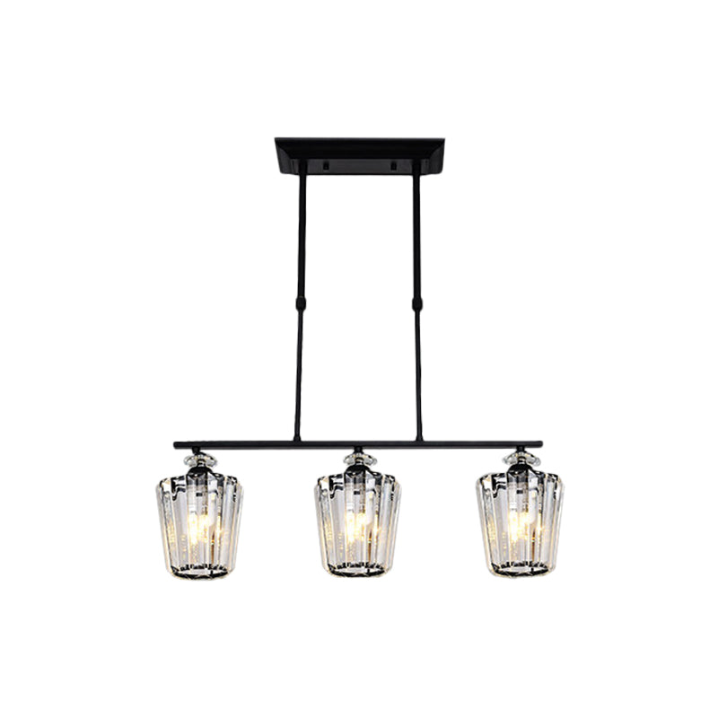 3/4 Heads Linear Island Chandelier Modern Black Metal Hanging Light Fixture with Cylindrical Crystal Shade Clearhalo 'Ceiling Lights' 'Island Lights' Lighting' 1433511