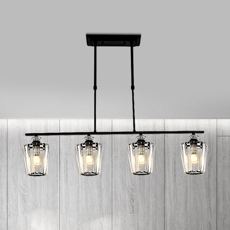 3/4 Heads Linear Island Chandelier Modern Black Metal Hanging Light Fixture with Cylindrical Crystal Shade Clearhalo 'Ceiling Lights' 'Island Lights' Lighting' 1433514