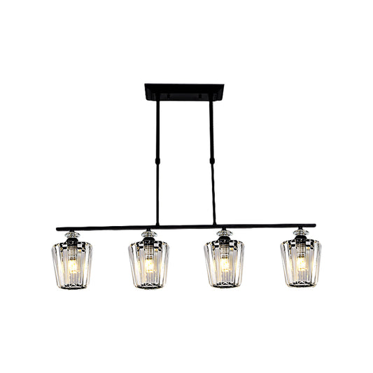 3/4 Heads Linear Island Chandelier Modern Black Metal Hanging Light Fixture with Cylindrical Crystal Shade Clearhalo 'Ceiling Lights' 'Island Lights' Lighting' 1433515