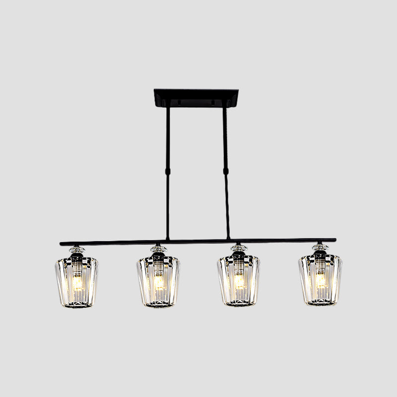3/4 Heads Linear Island Chandelier Modern Black Metal Hanging Light Fixture with Cylindrical Crystal Shade Clearhalo 'Ceiling Lights' 'Island Lights' Lighting' 1433516