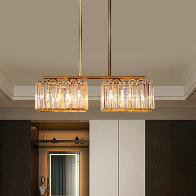 Gold 4/6/8 Bulbs Pendant Lighting Contemporary Metal Linear Island Lamp with Clear Cuboid Crystal Shade for Dinning Room 4 Gold Clearhalo 'Ceiling Lights' 'Island Lights' Lighting' 1433519
