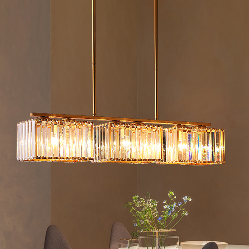 Gold 4/6/8 Bulbs Pendant Lighting Contemporary Metal Linear Island Lamp with Clear Cuboid Crystal Shade for Dinning Room Clearhalo 'Ceiling Lights' 'Island Lights' Lighting' 1433523