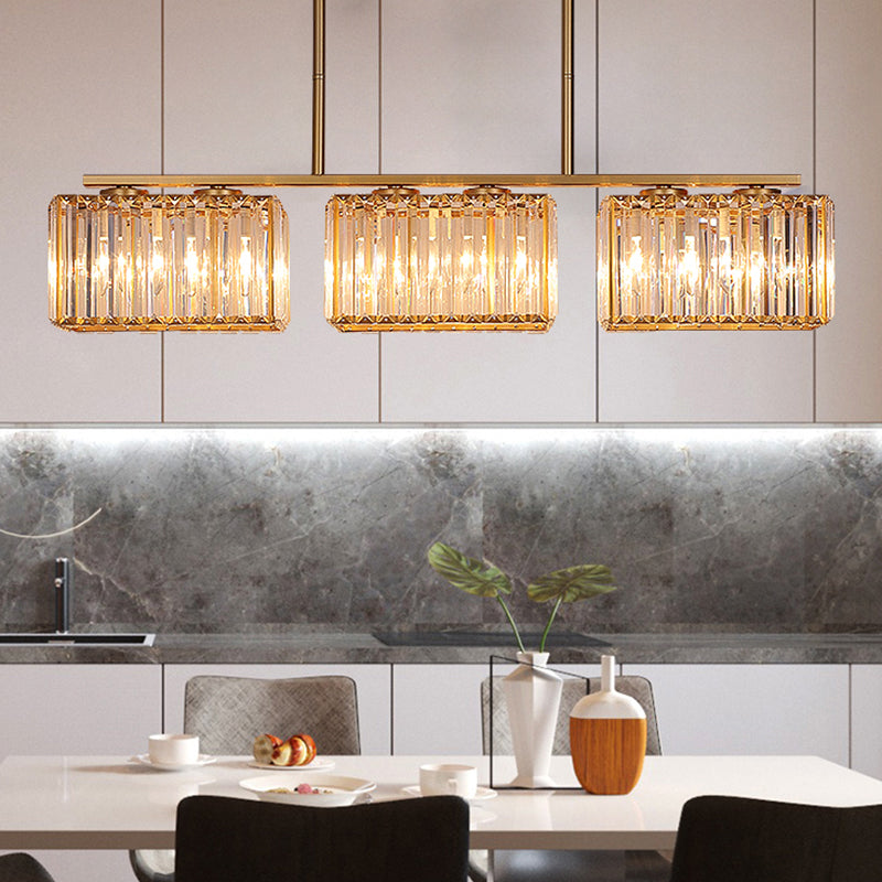 Gold 4/6/8 Bulbs Pendant Lighting Contemporary Metal Linear Island Lamp with Clear Cuboid Crystal Shade for Dinning Room Clearhalo 'Ceiling Lights' 'Island Lights' Lighting' 1433524