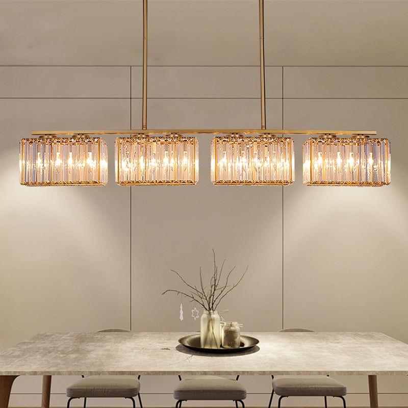 Gold 4/6/8 Bulbs Pendant Lighting Contemporary Metal Linear Island Lamp with Clear Cuboid Crystal Shade for Dinning Room 8 Gold Clearhalo 'Ceiling Lights' 'Island Lights' Lighting' 1433527
