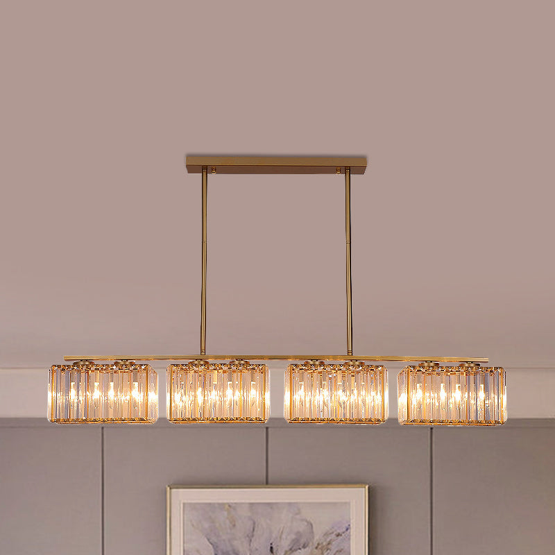 Gold 4/6/8 Bulbs Pendant Lighting Contemporary Metal Linear Island Lamp with Clear Cuboid Crystal Shade for Dinning Room Clearhalo 'Ceiling Lights' 'Island Lights' Lighting' 1433528