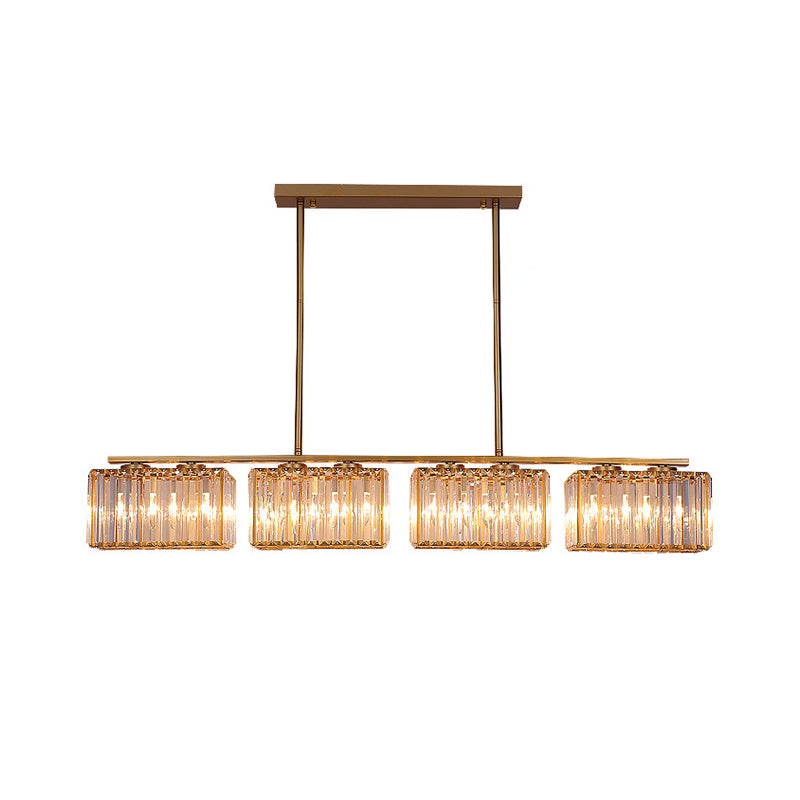 Gold 4/6/8 Bulbs Pendant Lighting Contemporary Metal Linear Island Lamp with Clear Cuboid Crystal Shade for Dinning Room Clearhalo 'Ceiling Lights' 'Island Lights' Lighting' 1433529