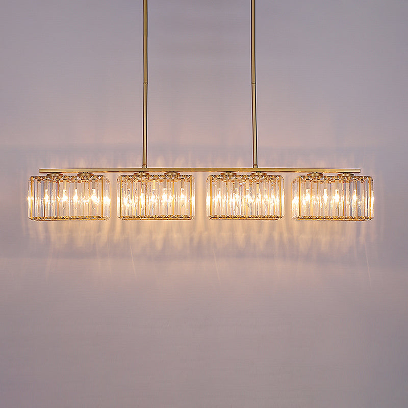 Gold 4/6/8 Bulbs Pendant Lighting Contemporary Metal Linear Island Lamp with Clear Cuboid Crystal Shade for Dinning Room Clearhalo 'Ceiling Lights' 'Island Lights' Lighting' 1433530