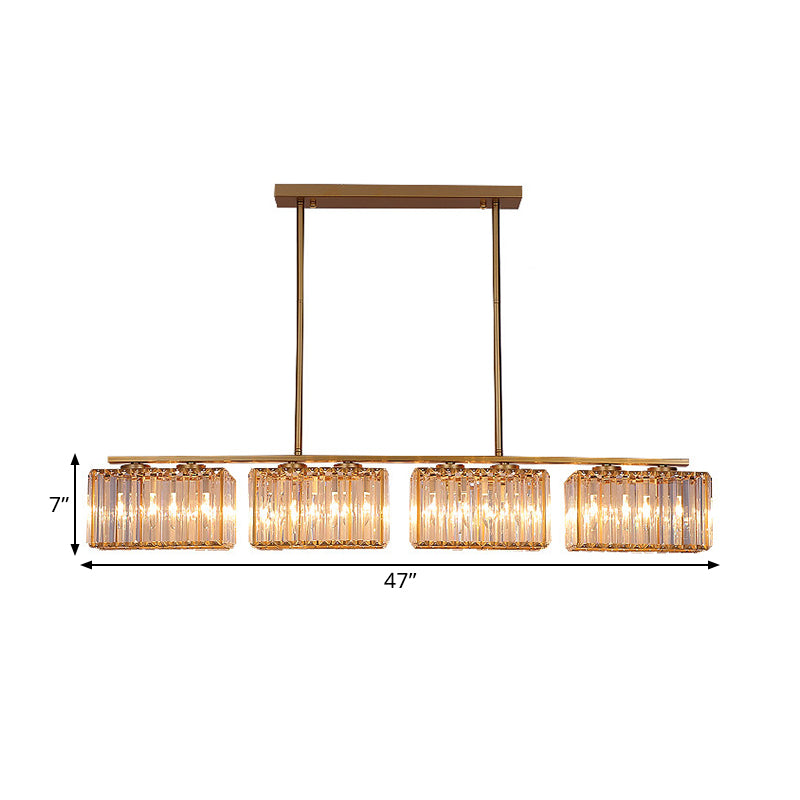 Gold 4/6/8 Bulbs Pendant Lighting Contemporary Metal Linear Island Lamp with Clear Cuboid Crystal Shade for Dinning Room Clearhalo 'Ceiling Lights' 'Island Lights' Lighting' 1433531
