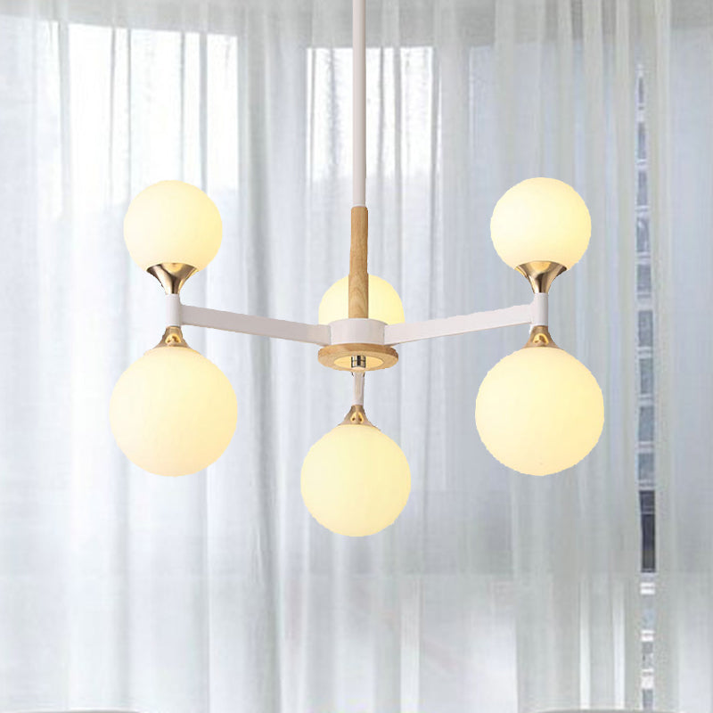 6/12-Light Glass Ball Hanging Chandelier Wood and Metal Body Pendant Lamp for Restaurant Clearhalo 'Ceiling Lights' 'Chandeliers' 'Glass shade' 'Glass' 'Modern Chandeliers' 'Modern' Lighting' 1433533