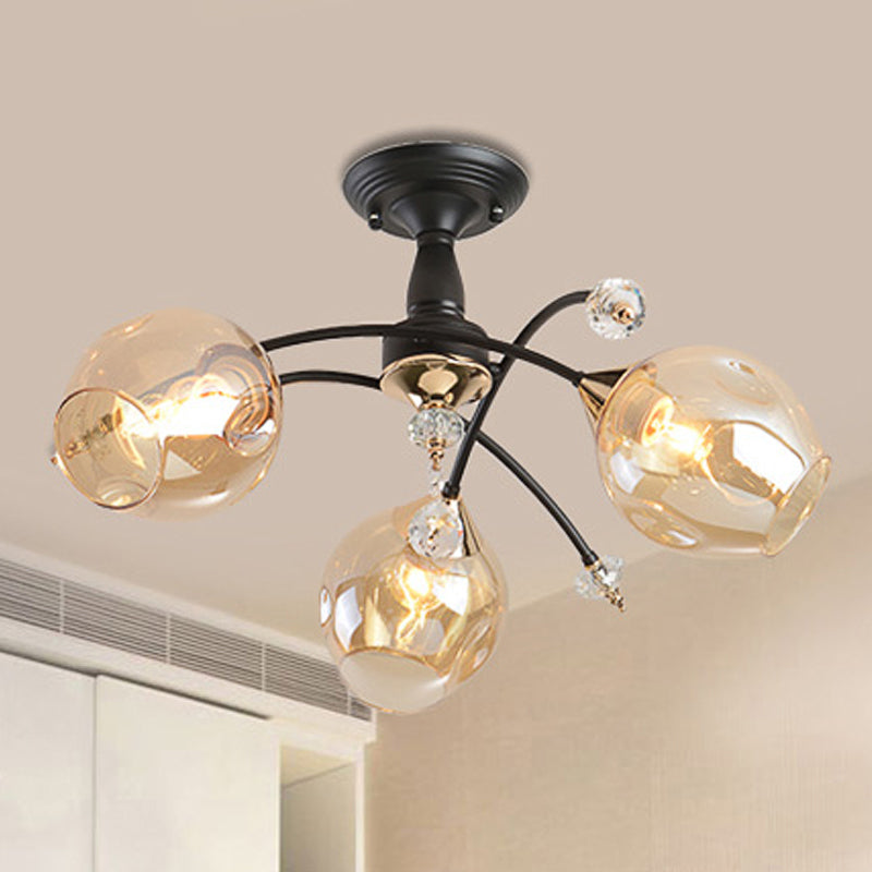3/6 Lights Bedroom Semi Flush Mount with Cup Shape Amber/Blue Glass Shade Modernist Black Led Semi Flush Ceiling Fixture 3 Amber Clearhalo 'Ceiling Lights' 'Close To Ceiling Lights' 'Close to ceiling' 'Glass shade' 'Glass' 'Pendant Lights' 'Semi-flushmount' Lighting' 1433560