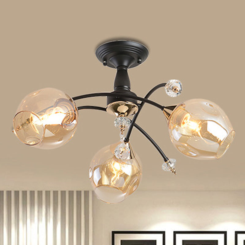 3/6 Lights Bedroom Semi Flush Mount with Cup Shape Amber/Blue Glass Shade Modernist Black Led Semi Flush Ceiling Fixture Clearhalo 'Ceiling Lights' 'Close To Ceiling Lights' 'Close to ceiling' 'Glass shade' 'Glass' 'Pendant Lights' 'Semi-flushmount' Lighting' 1433561