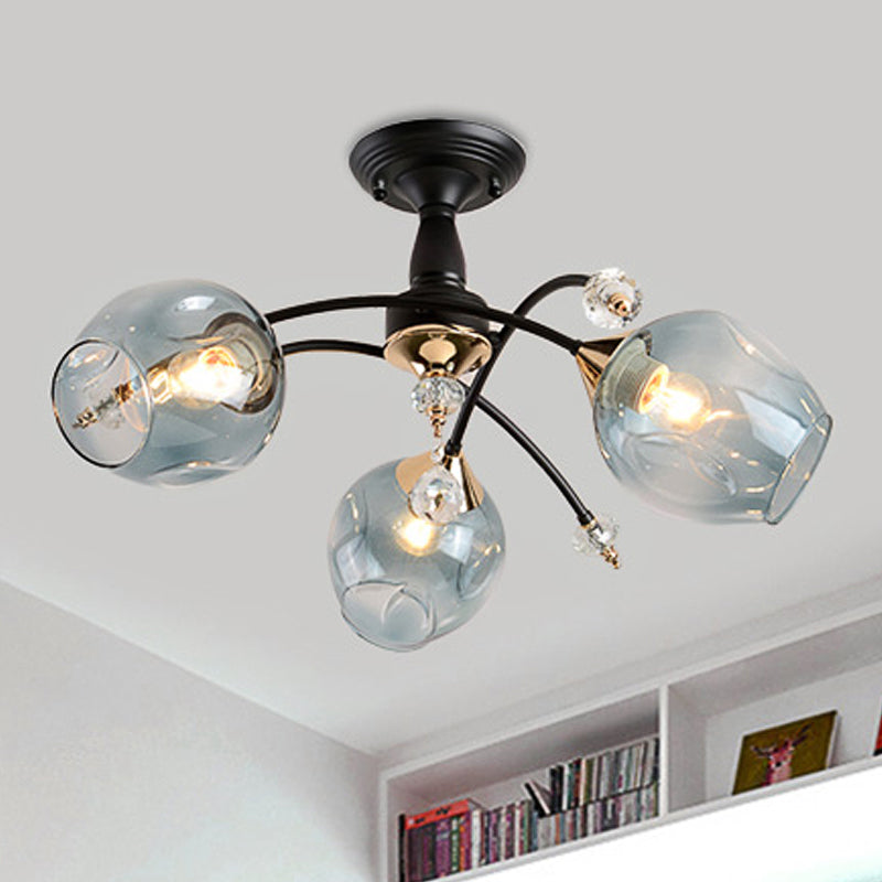 3/6 Lights Bedroom Semi Flush Mount with Cup Shape Amber/Blue Glass Shade Modernist Black Led Semi Flush Ceiling Fixture Clearhalo 'Ceiling Lights' 'Close To Ceiling Lights' 'Close to ceiling' 'Glass shade' 'Glass' 'Pendant Lights' 'Semi-flushmount' Lighting' 1433563