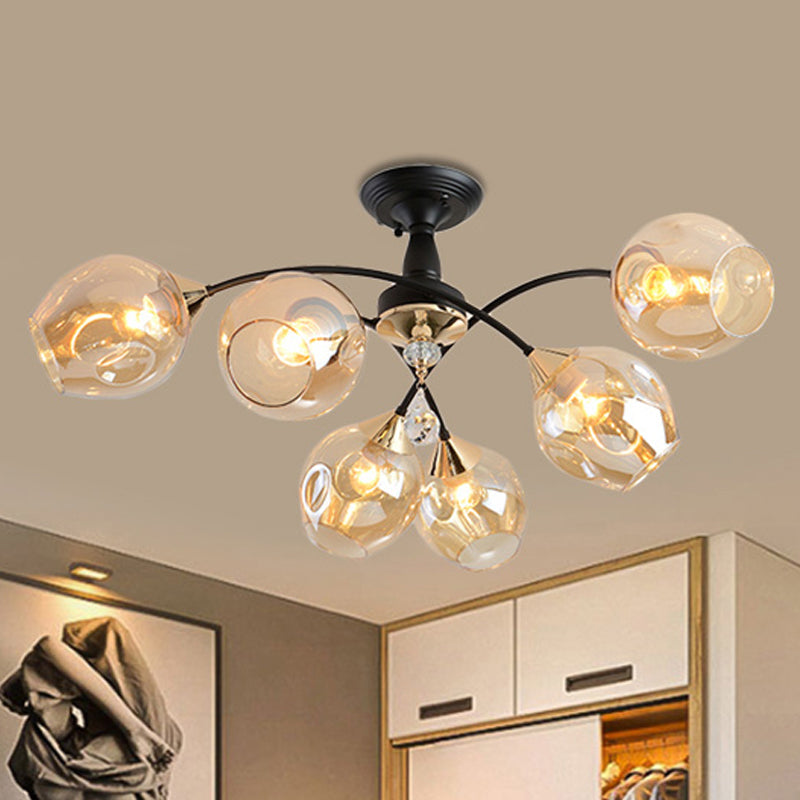 3/6 Lights Bedroom Semi Flush Mount with Cup Shape Amber/Blue Glass Shade Modernist Black Led Semi Flush Ceiling Fixture 6 Amber Clearhalo 'Ceiling Lights' 'Close To Ceiling Lights' 'Close to ceiling' 'Glass shade' 'Glass' 'Pendant Lights' 'Semi-flushmount' Lighting' 1433564